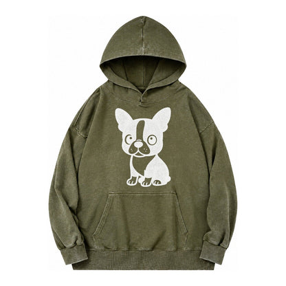 Boston Terrier Black And White Sitting Pose With Tuxedo Mark Vintage Washed Hoodie – Army Green