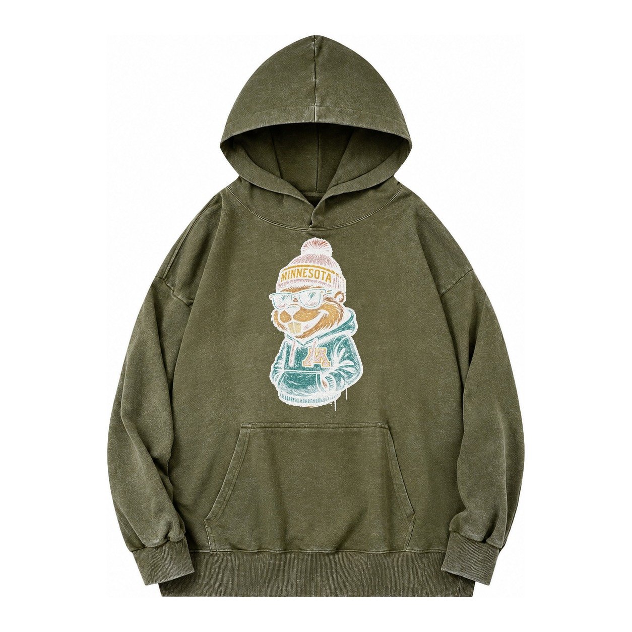 Minneapolis Gopher Wearing Minnesota Beanie With M Patch Vintage Washed Hoodie – Army Green