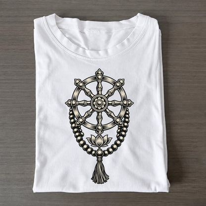 Buddhist Mala And Eight Spoke Wheel World Faiths Ink Figures Classic T-shirt – White