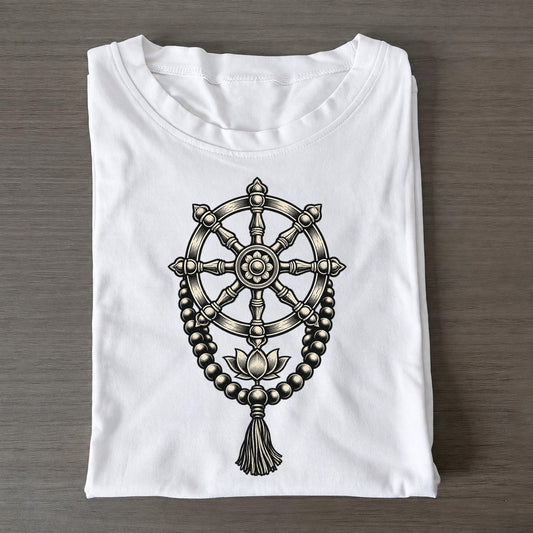 Buddhist Mala And Eight Spoke Wheel World Faiths Ink Figures Classic T-shirt – White