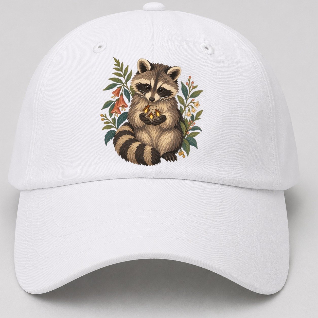 Raccoon Firefly Bowl Gentle Wild Baseball Cap – White