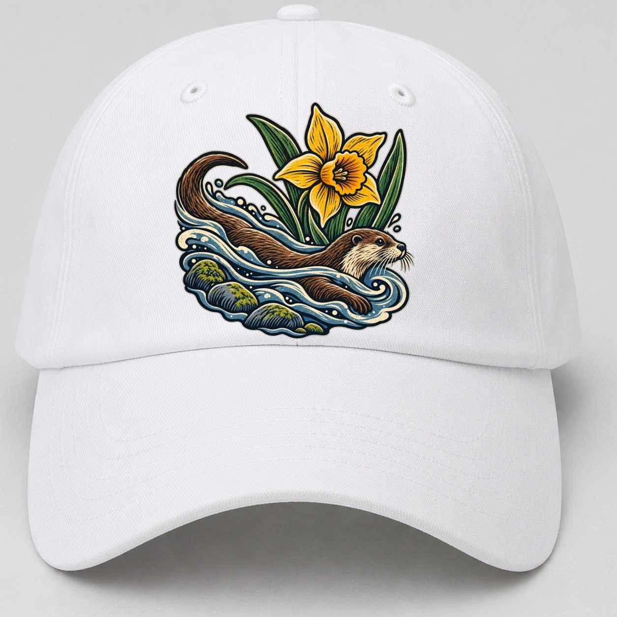 Welsh Otter And Daffodil Stream Uk Culture Heritage Baseball Cap – White
