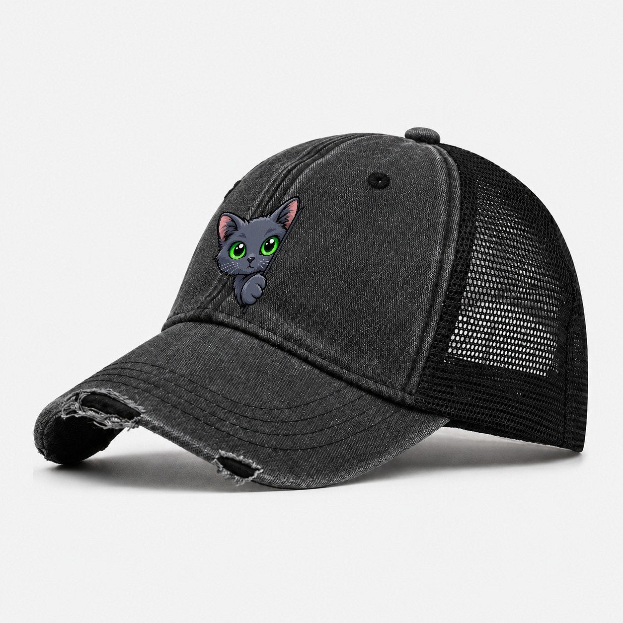 Russian Blue Side Peek Peeking Cats Washed Trucker Hat – Black