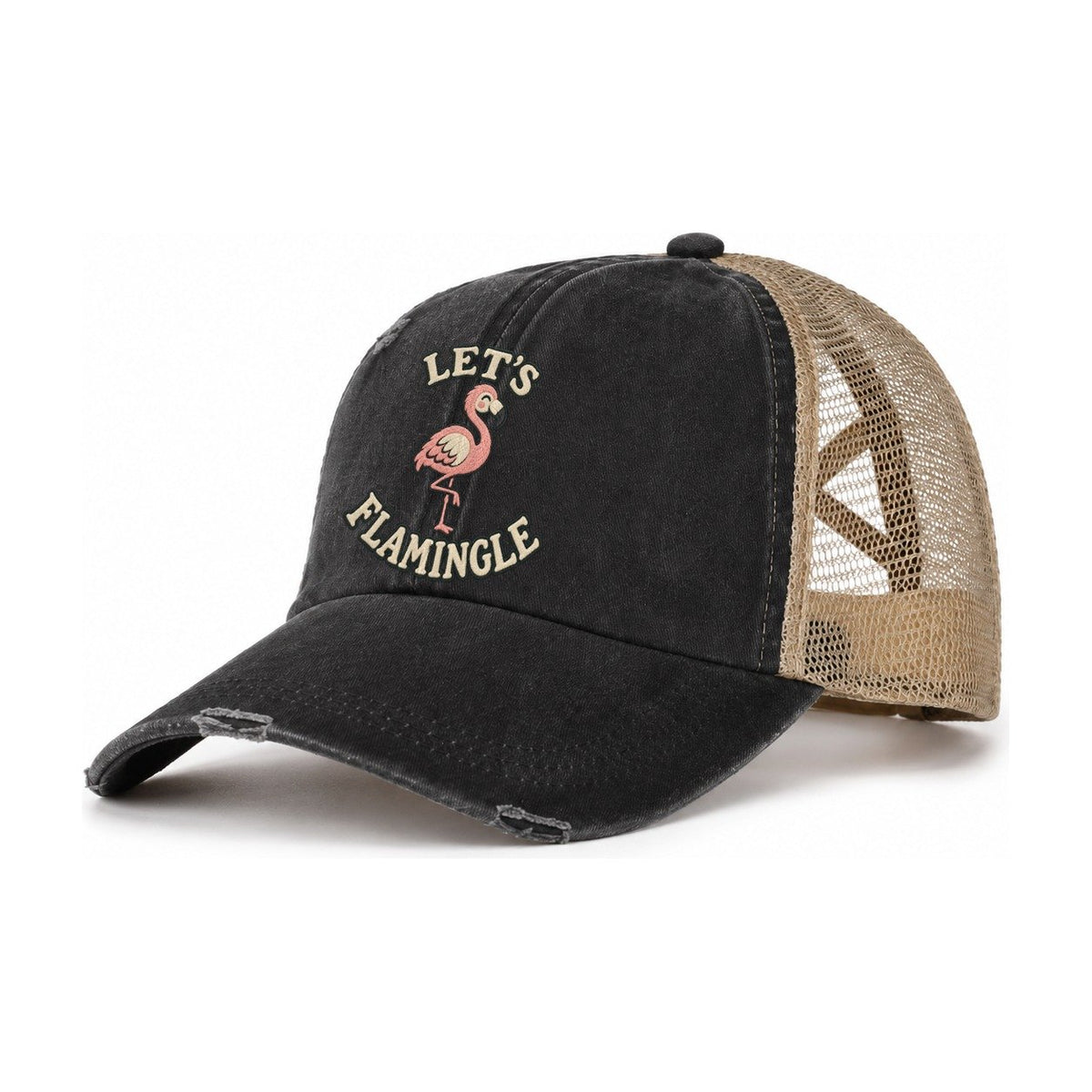 Flamingo Animal Puns Women's Ponytail Trucker Hat – Washed Black Khaki
