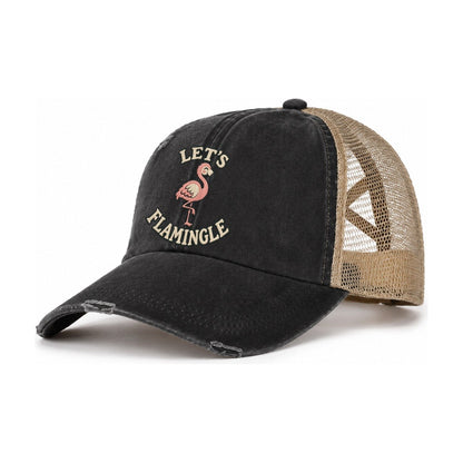 Flamingo Animal Puns Women's Ponytail Trucker Hat – Washed Black Khaki