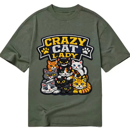 Embroidered Patch Design Crazy Cat Lady Cat Pile In Multicol Classic T-shirt – Army Green