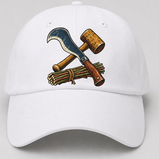 Hedgelayer Billhook Mallet And Hazel Rods Uk Culture Heritage Baseball Cap – White