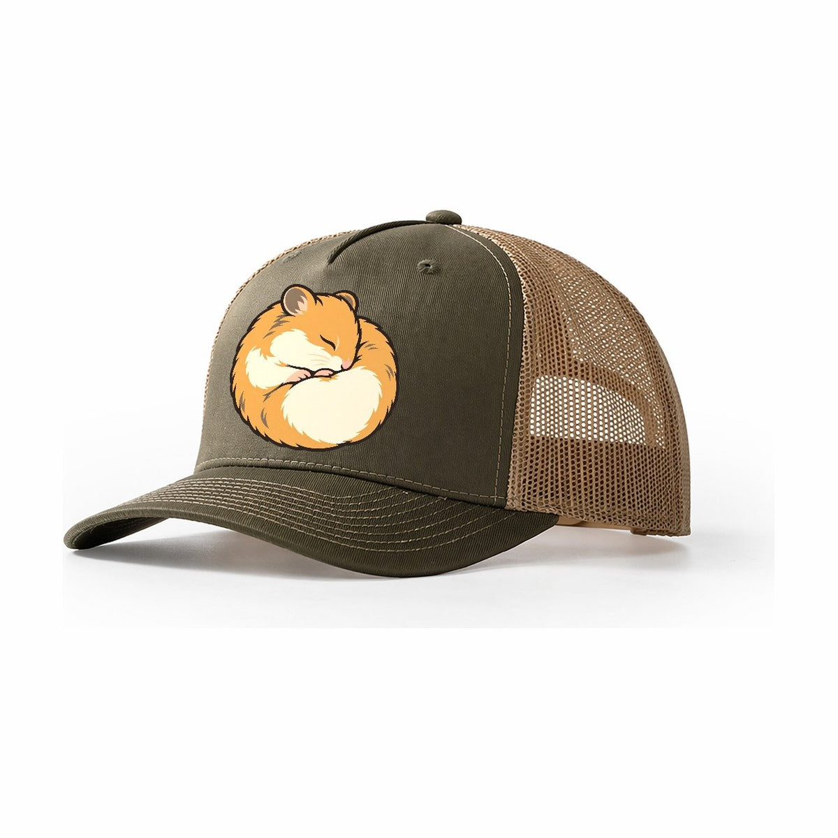 Hamster Curl Nap Small Pet Logos Trucker Hat – Olive Khaki