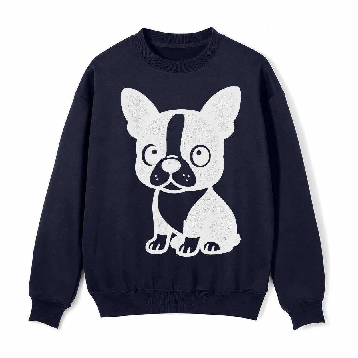 Boston Terrier Black And White Sitting Pose With Tuxedo Mark Fleece Sweatshirt – Navy Blue