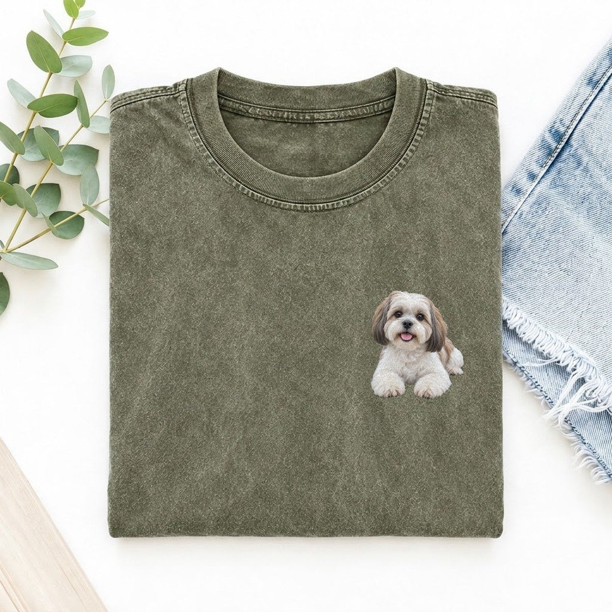 Shih Tzu Lying Down Left Chest Vintage T-shirt – Army Green