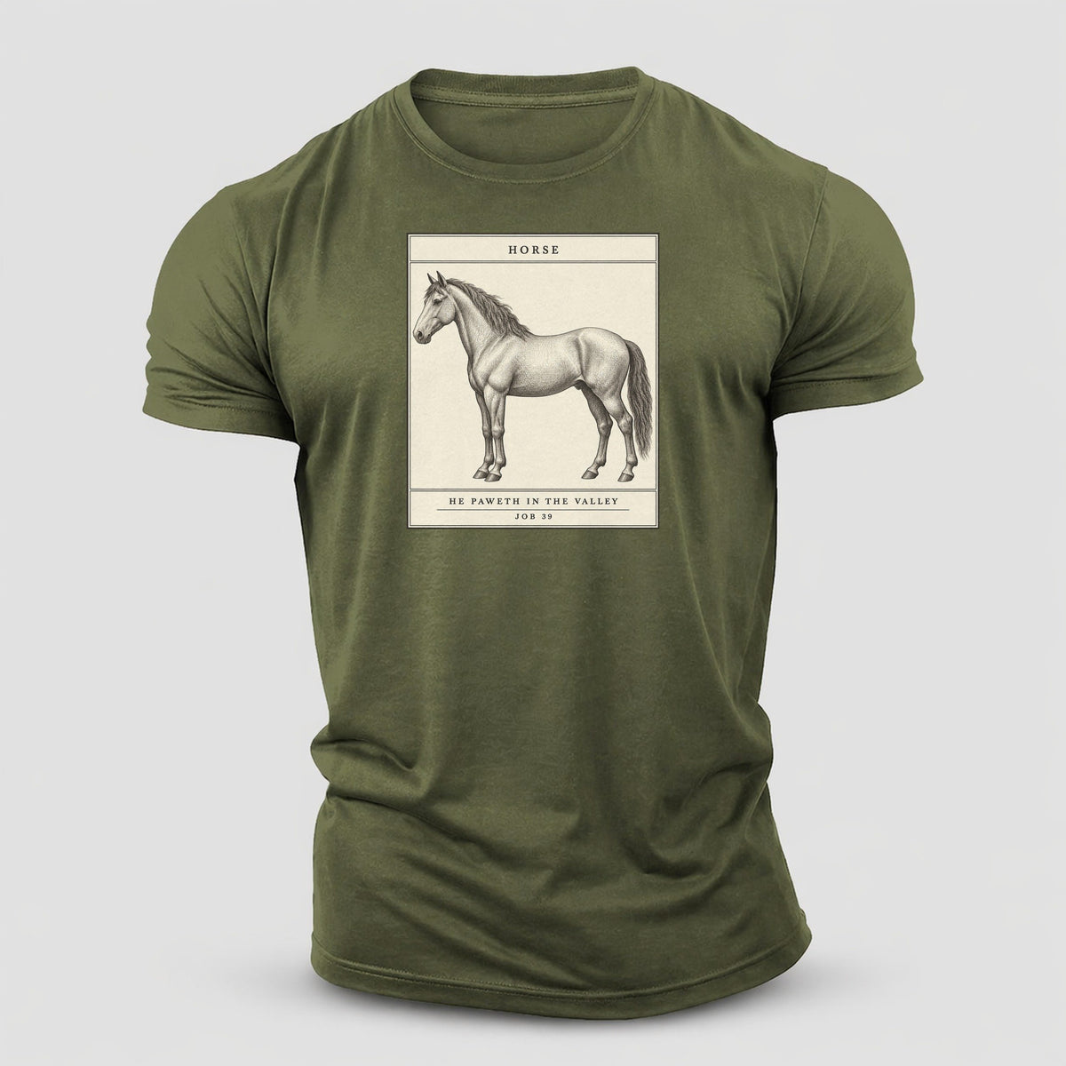 Horse Specimen Plate Creature Canticle Cotton T-Shirt – Army Green