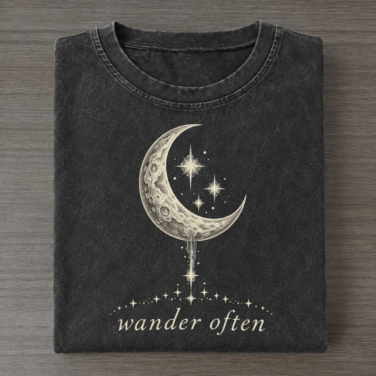 Crescent And Stars Midnight Linework Vintage T-shirt – Black