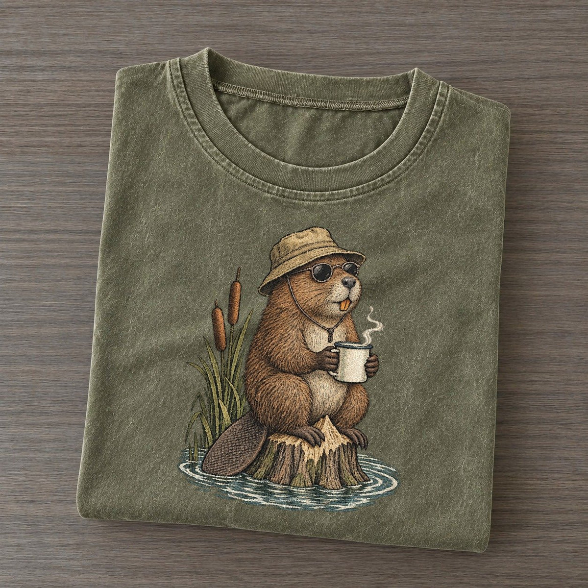Beaver Lunch Shift Slow Camp Club Vintage T-shirt – Army Green