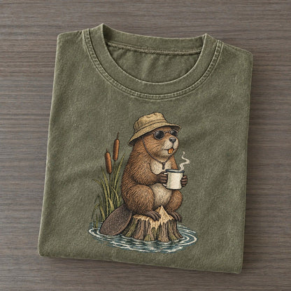 Beaver Lunch Shift Slow Camp Club Vintage T-shirt – Army Green