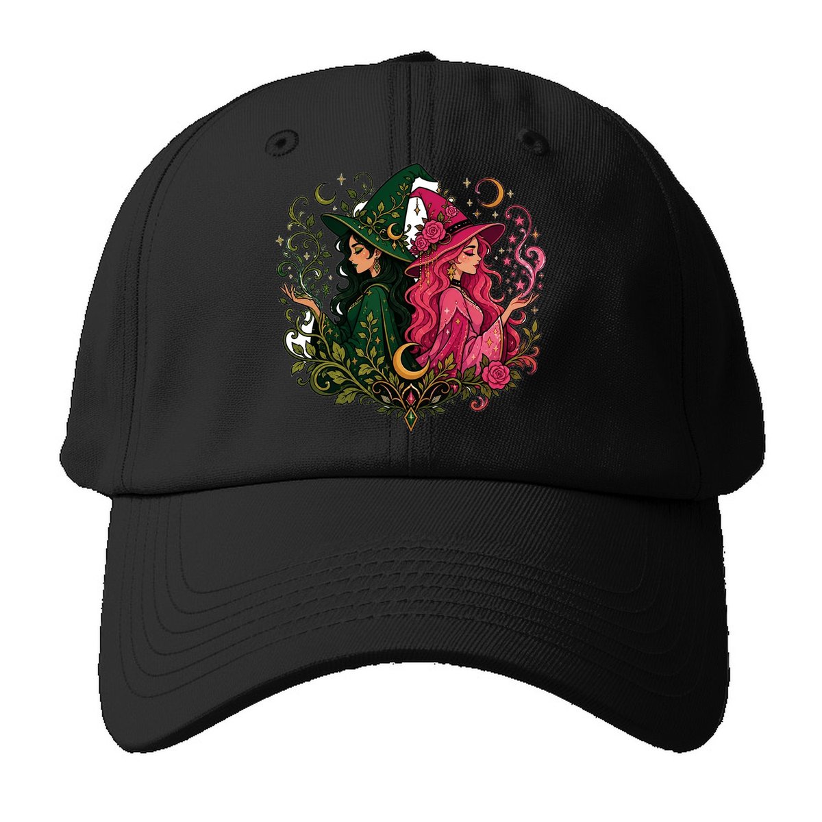 Dual Witch Botanical Moon Baseball Cap – Black