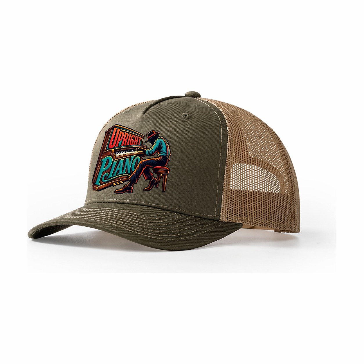 Upright Piano Wordmark Music Instruments Trucker Hat – Olive Khaki