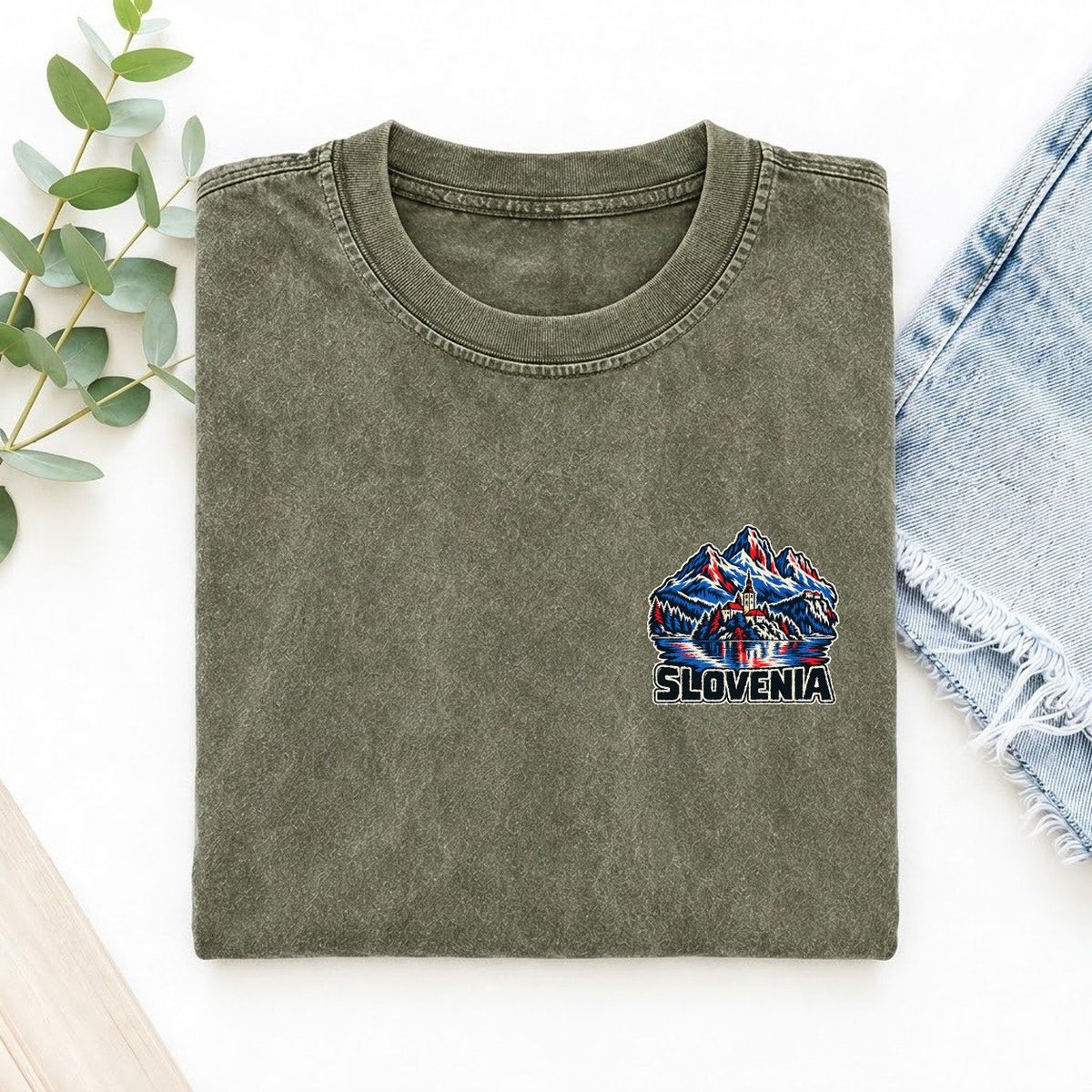 Slovenia Country Pride Left Chest Vintage T-shirt – Army Green