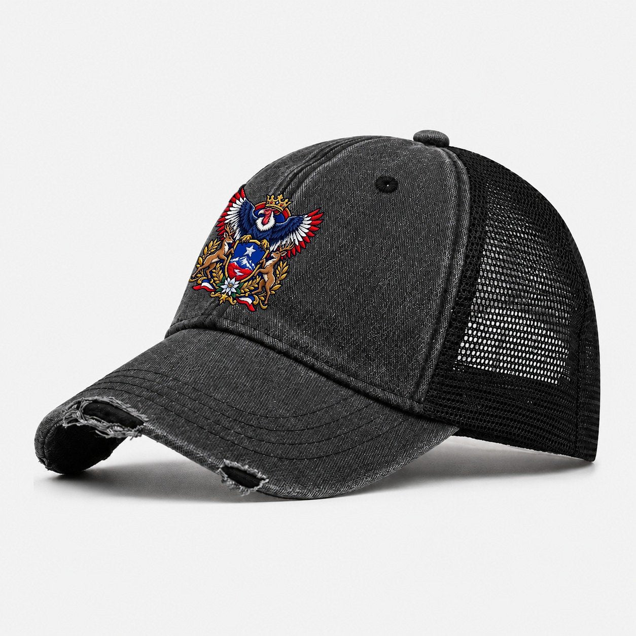 Chile Heraldic Crest Country Logos Washed Trucker Hat – Black