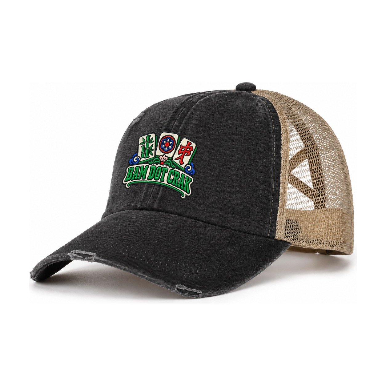 Bam Dot Crak Mahjong Game Night Women's Ponytail Trucker Hat – Washed Black Khaki