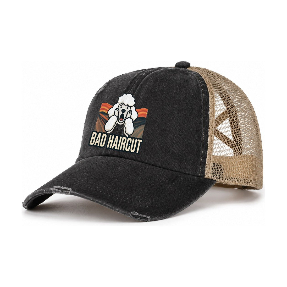 Poodle Scream Bad Haircut Scream Women's Ponytail Trucker Hat – Washed Black Khaki
