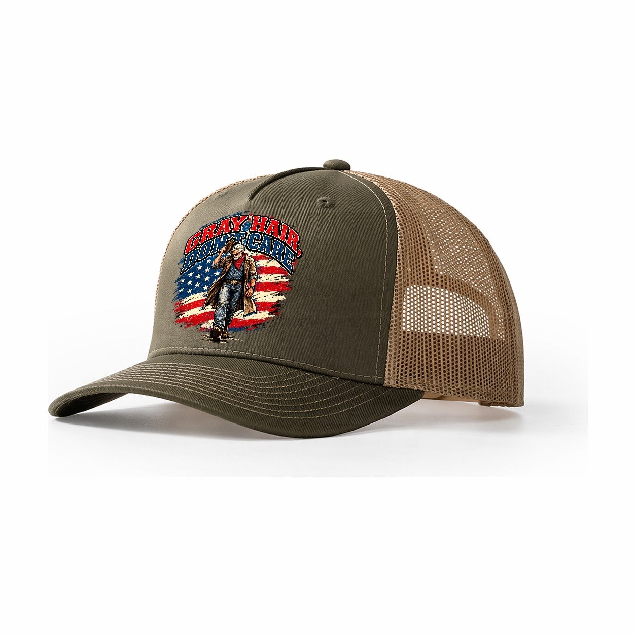 Gray Hair Don T Care Old Man Strong Trucker Hat – Olive Khaki