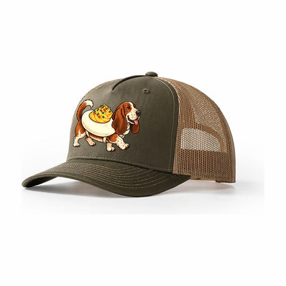 One Basset Hound In Halloween Costume Deviled Egg Costume With A Yolky Yellow Center Halloween Dog Parade Trucker Hat – Olive Khaki