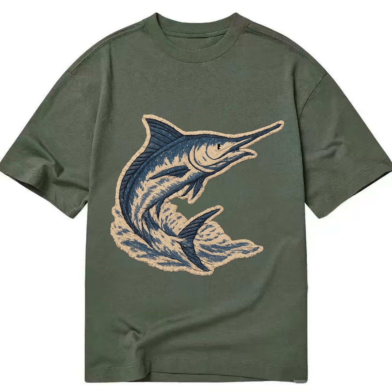 Embroidered Patch Design Swordfish Marlin Leaping Marlin In Classic T-shirt – Army Green