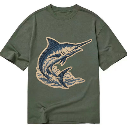 Embroidered Patch Design Swordfish Marlin Leaping Marlin In Classic T-shirt – Army Green