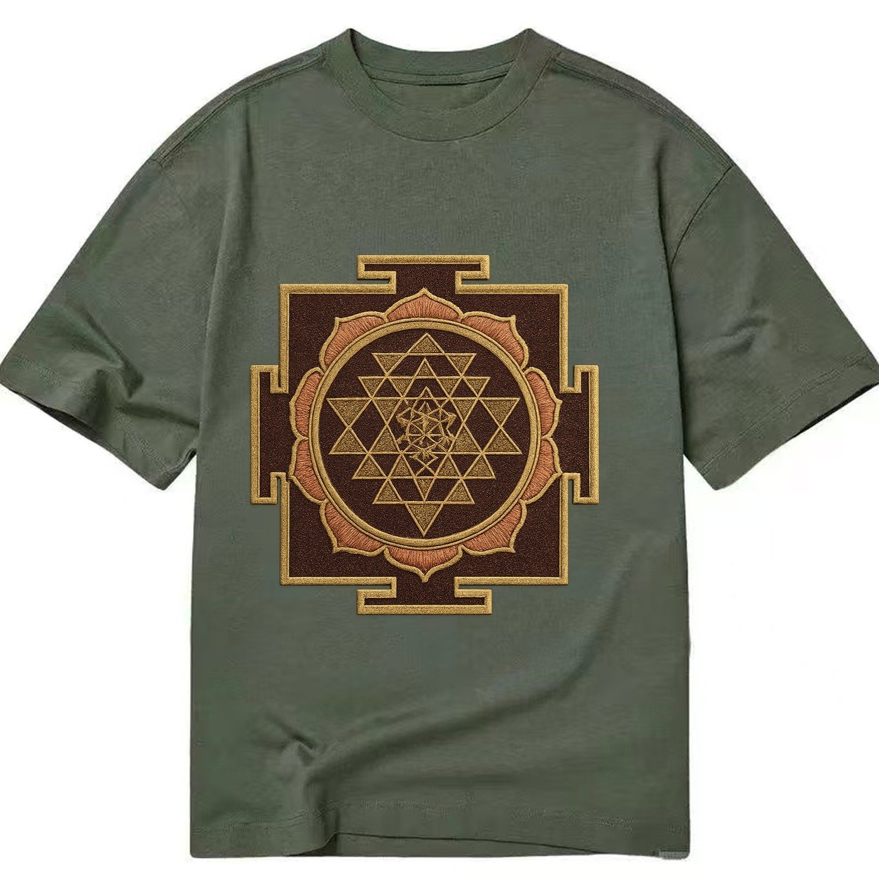 Sri Yantra Hindu Geometry Red And Gold Thread Divine Feminin Classic T-shirt – Army Green