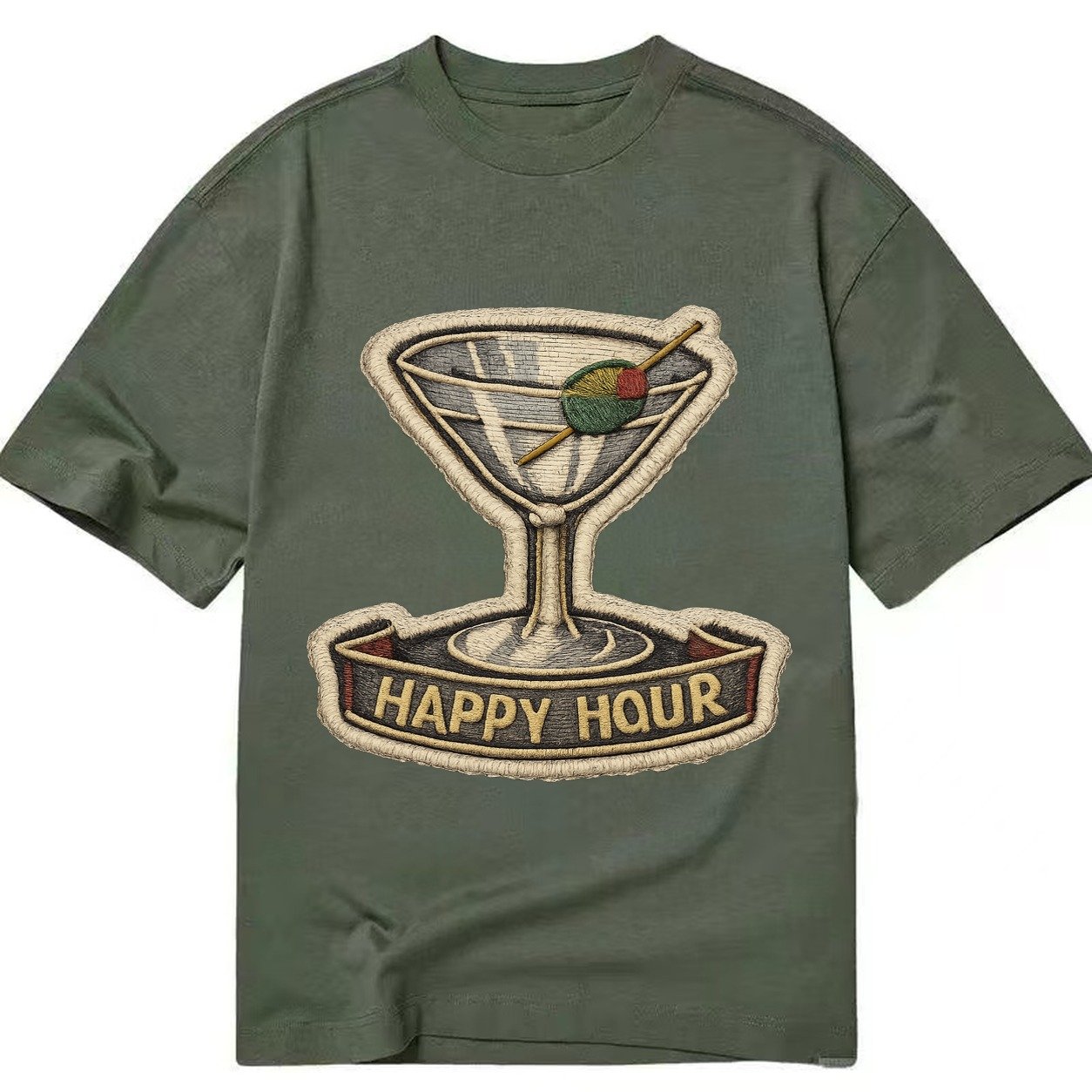 Embroidered Patch Design Cocktail Martini Martini Glass With Classic T-shirt – Army Green
