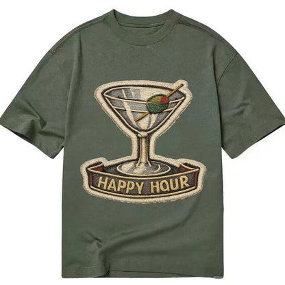 Embroidered Patch Design Cocktail Martini Martini Glass With Classic T-shirt – Army Green