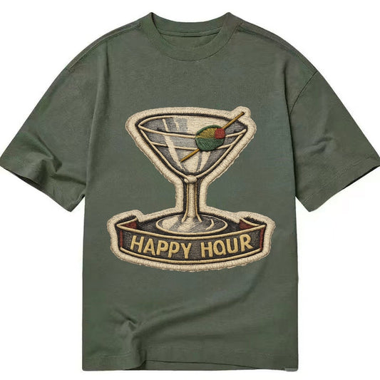 Embroidered Patch Design Cocktail Martini Martini Glass With Classic T-shirt – Army Green