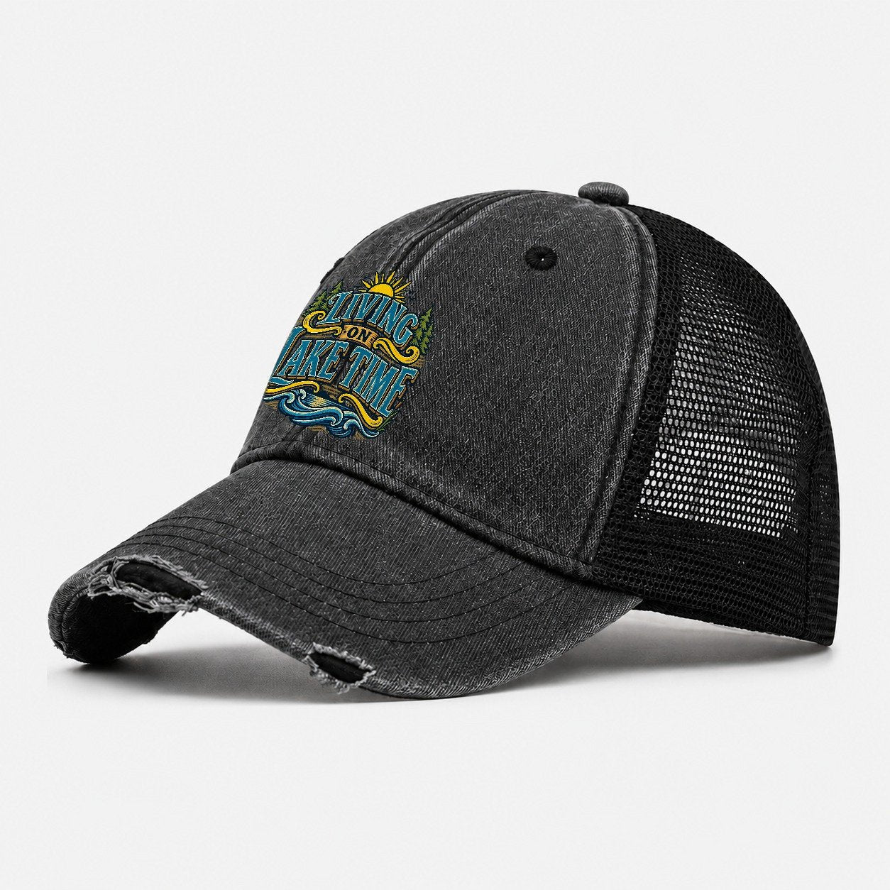 Living On Lake Time Retired Living Washed Trucker Hat – Black