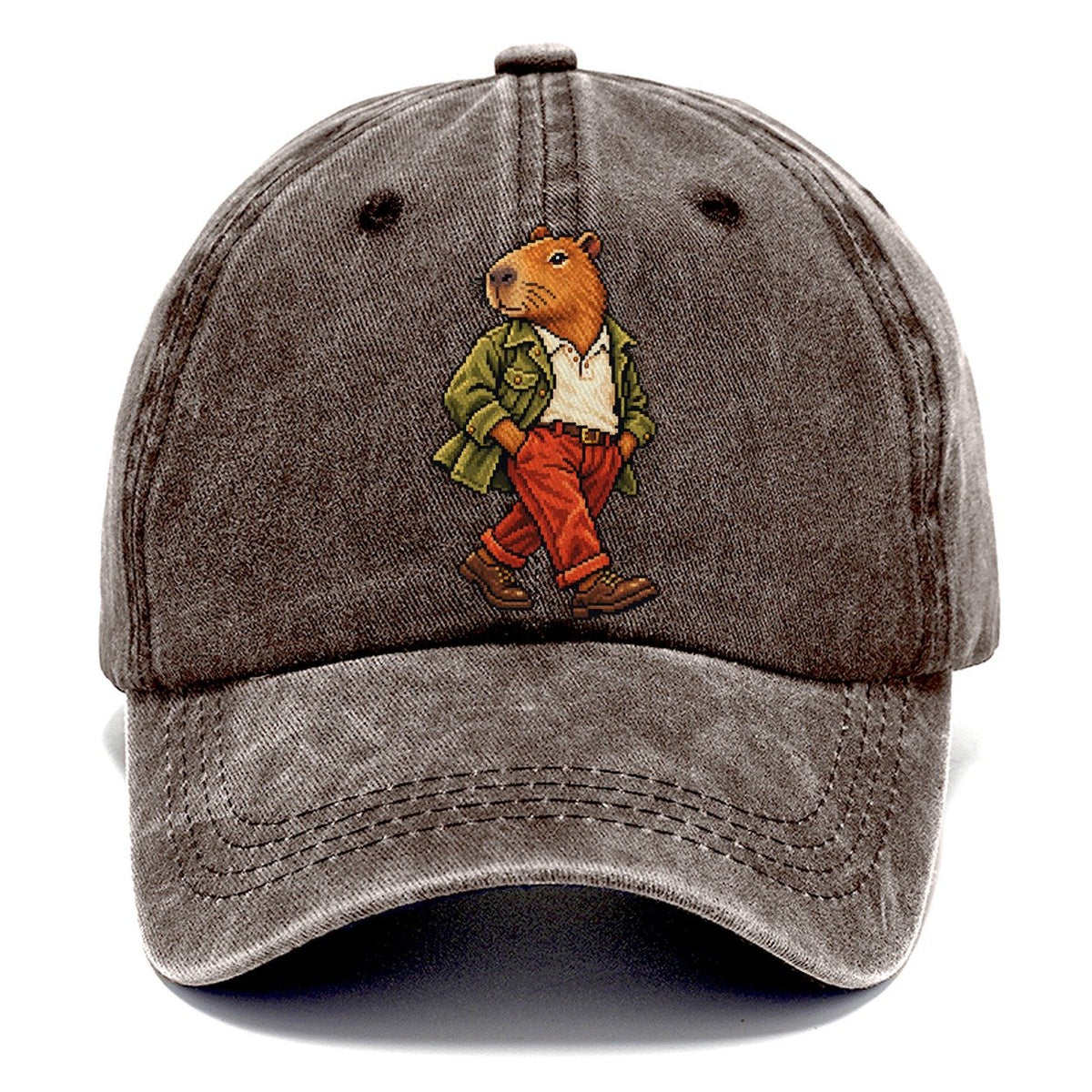Pixel Capybara in Jacket and Red Pants Classic Cap – Brown
