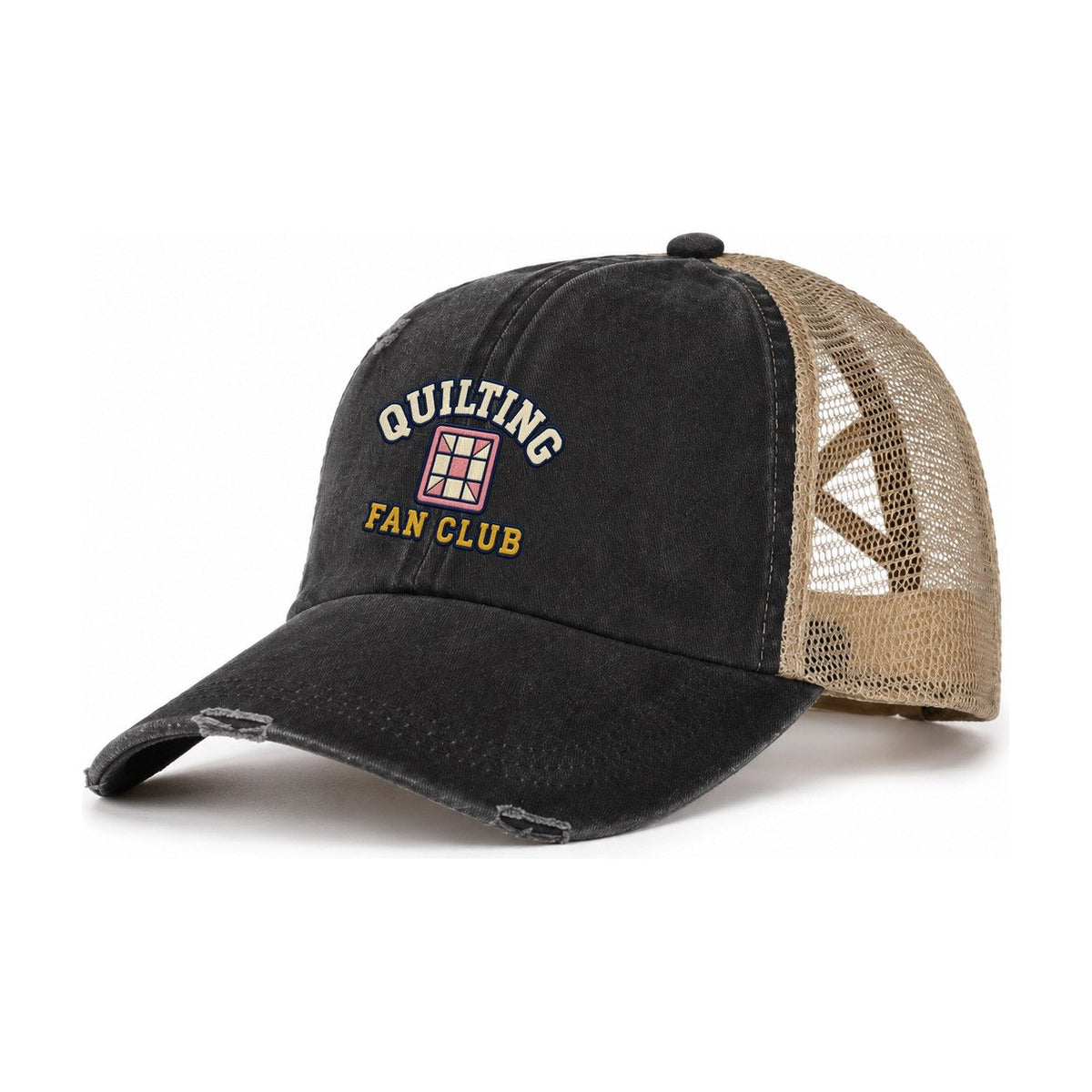 Quilting Fan Club Women's Ponytail Trucker Hat – Washed Black Khaki