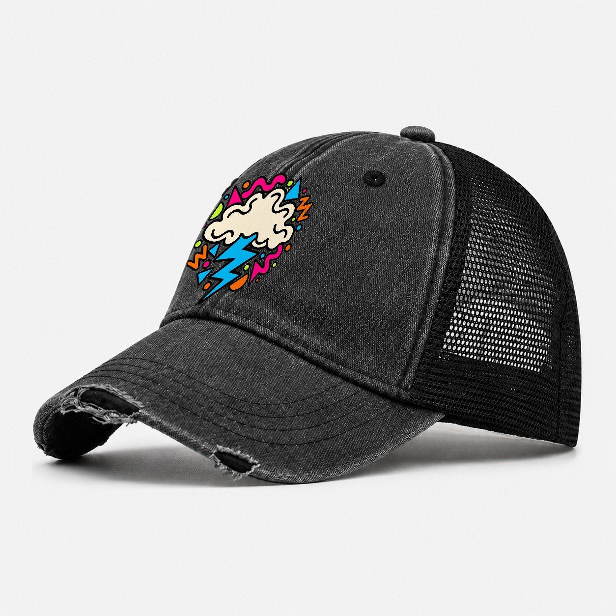 Squiggle Lightning Cloud Crazy Styles Washed Trucker Hat – Black