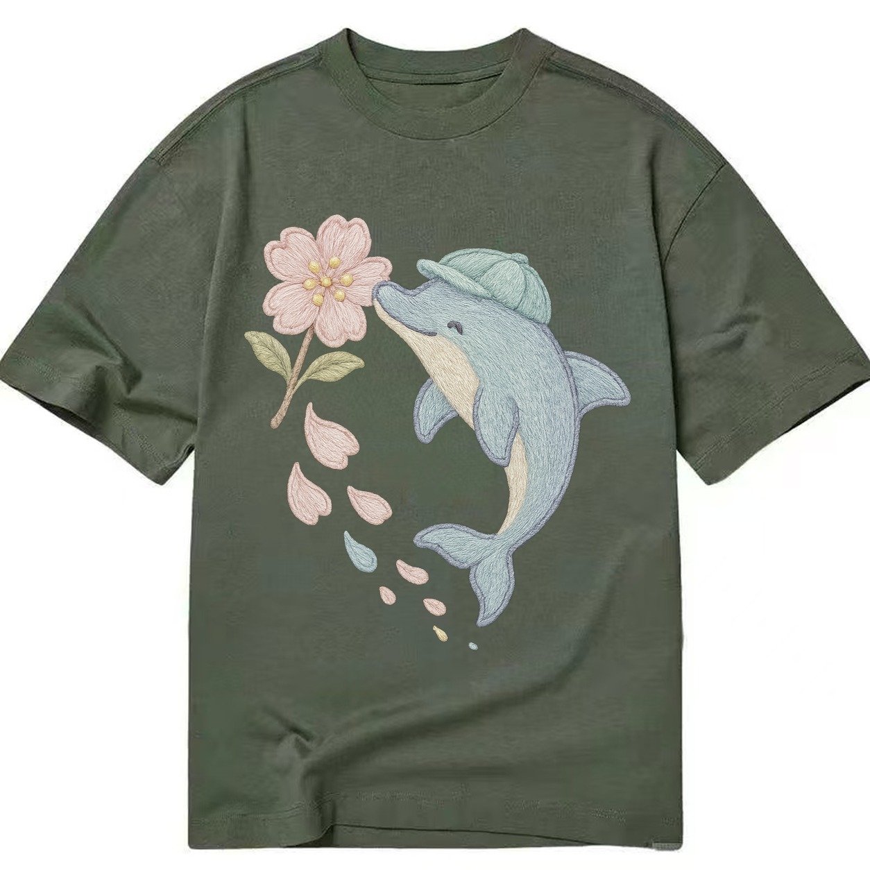 Dolphin Sakura Leap Leaping Through Blossoms Pale Aqua Cap C Classic T-shirt – Army Green