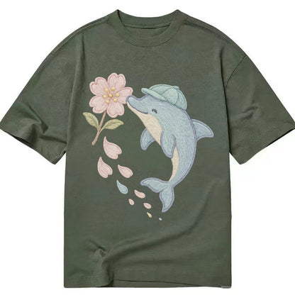 Dolphin Sakura Leap Leaping Through Blossoms Pale Aqua Cap C Classic T-shirt – Army Green