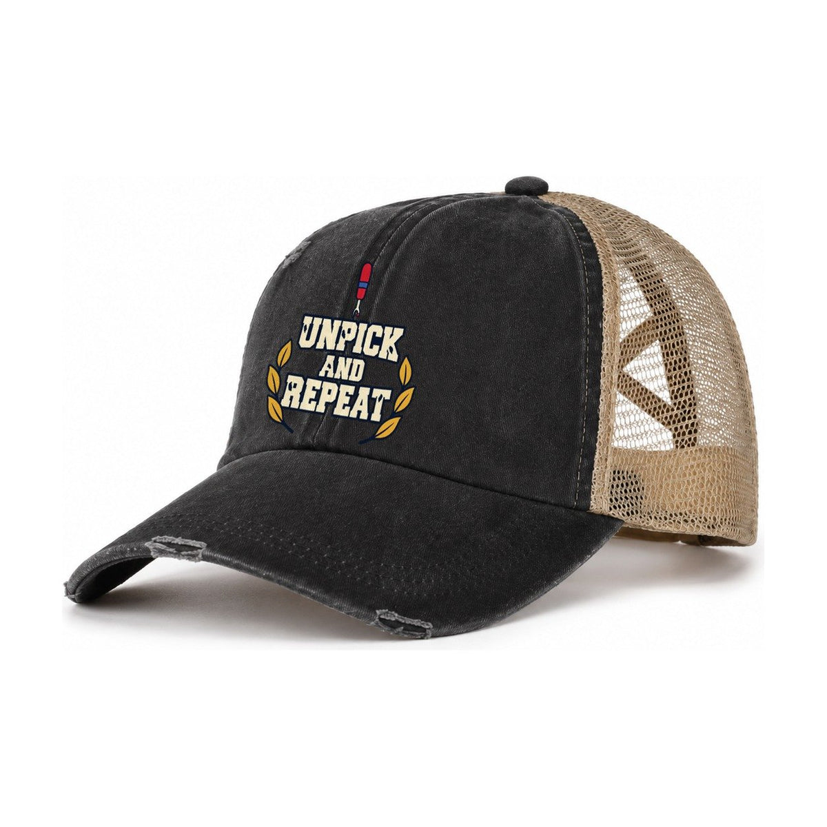 Unpick And Repeat Sewing And Quilting Women's Ponytail Trucker Hat – Washed Black Khaki