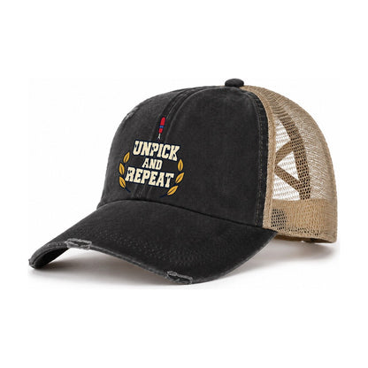 Unpick And Repeat Sewing And Quilting Women's Ponytail Trucker Hat – Washed Black Khaki