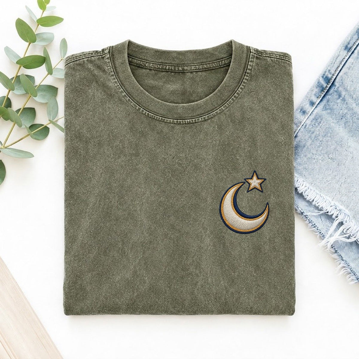 Crescent Star Symbol Emblems Left Chest Vintage T-shirt – Army Green