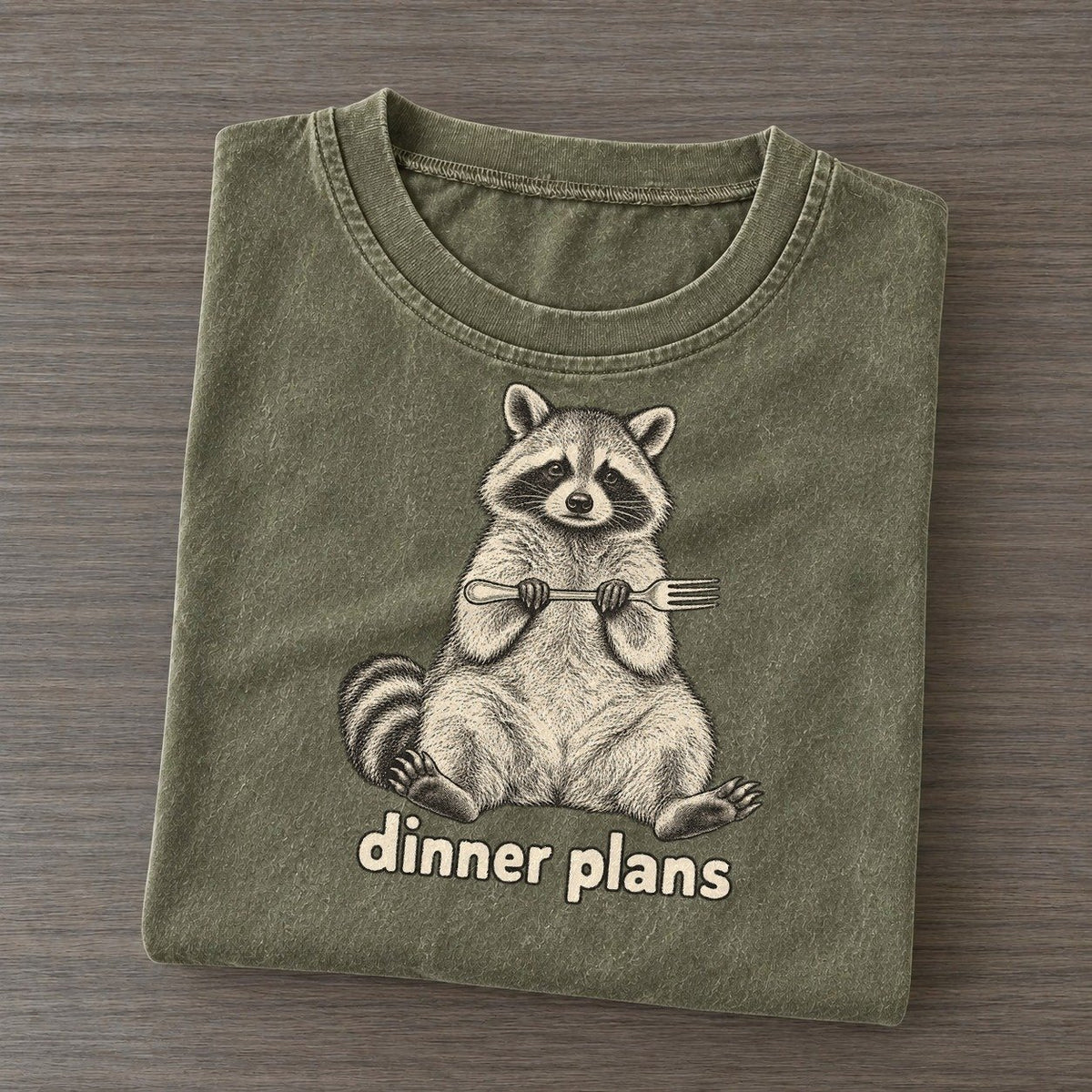 Raccoon Dinner Plans Unbothered Creatures Vintage T-shirt – Army Green