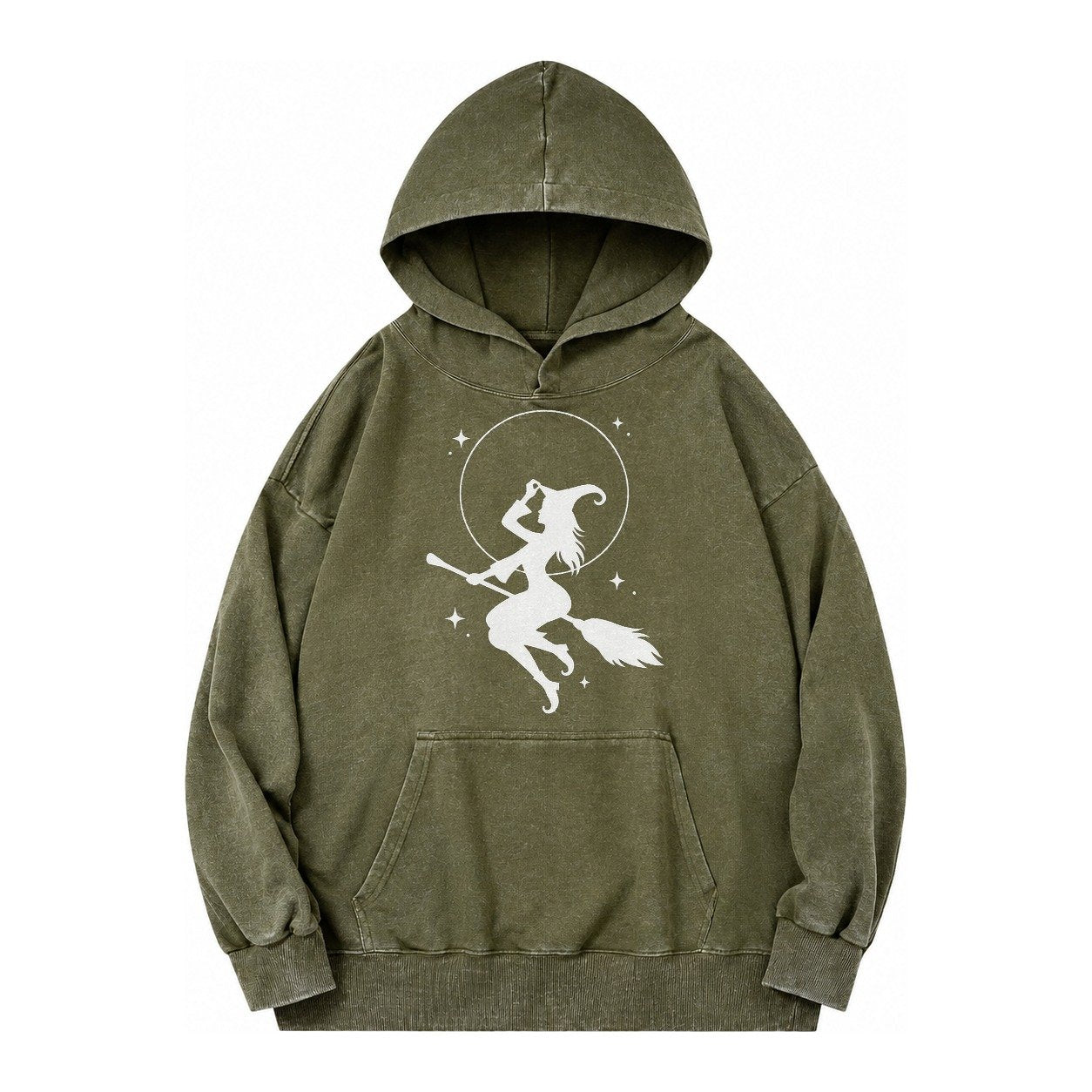 Witch On Broom Vintage Washed Hoodie – Army Green