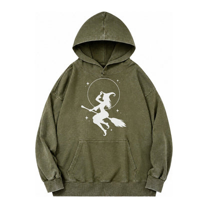 Witch On Broom Vintage Washed Hoodie – Army Green