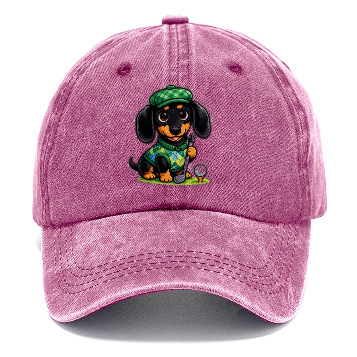 Dachshund Golfer Argyle Classic Cap – Dusty Rose