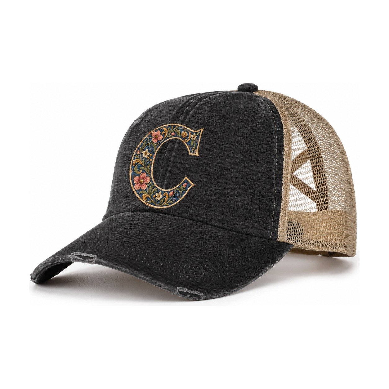 Wildflower C Monogram Women's Ponytail Trucker Hat – Washed Black Khaki