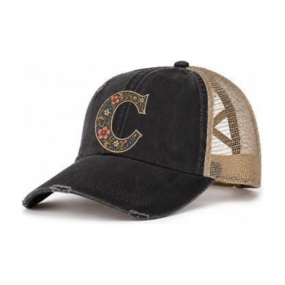 Wildflower C Monogram Women's Ponytail Trucker Hat – Washed Black Khaki