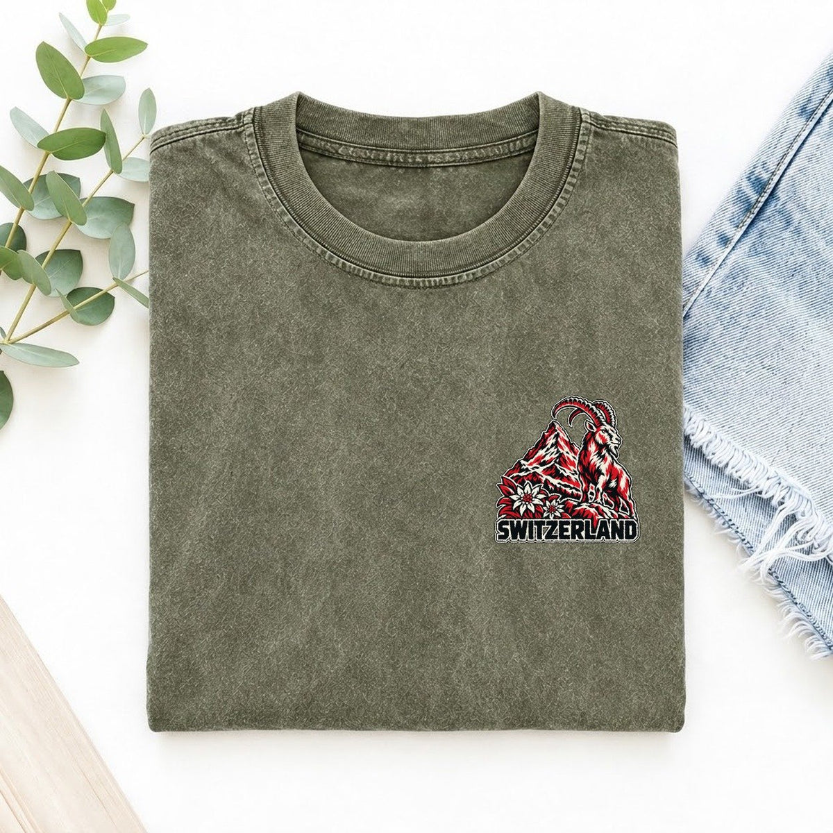 Switzerland Country Pride Left Chest Vintage T-shirt – Army Green