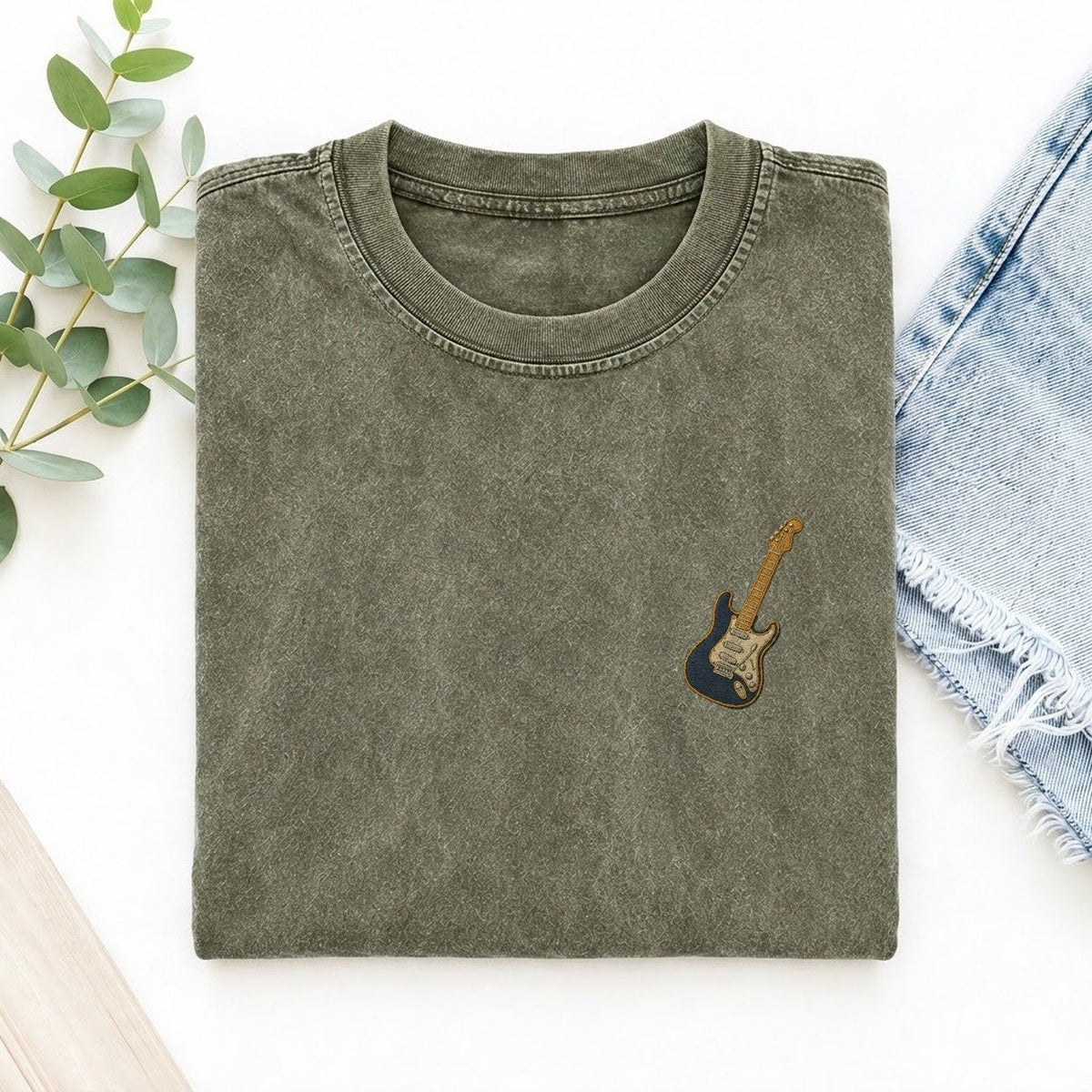 Electric Guitar Left Chest Vintage T-shirt – Army Green