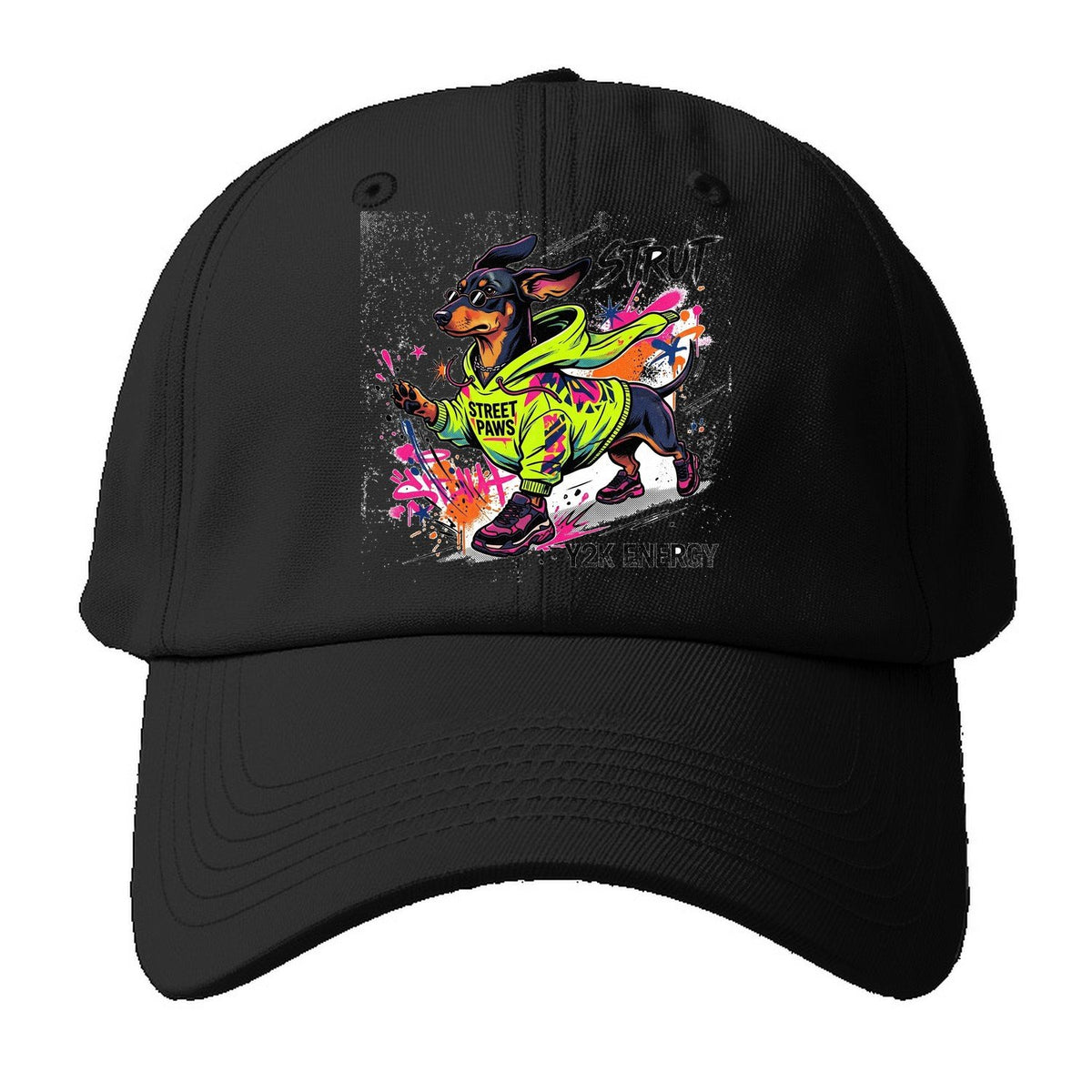 Strut Street Paws Y2K Energy Baseball Cap – Black